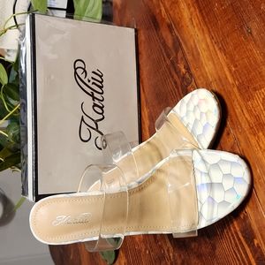 Katliu Women's clear heels, prismatic snakeskin print.  Size 37 Brand New in box
